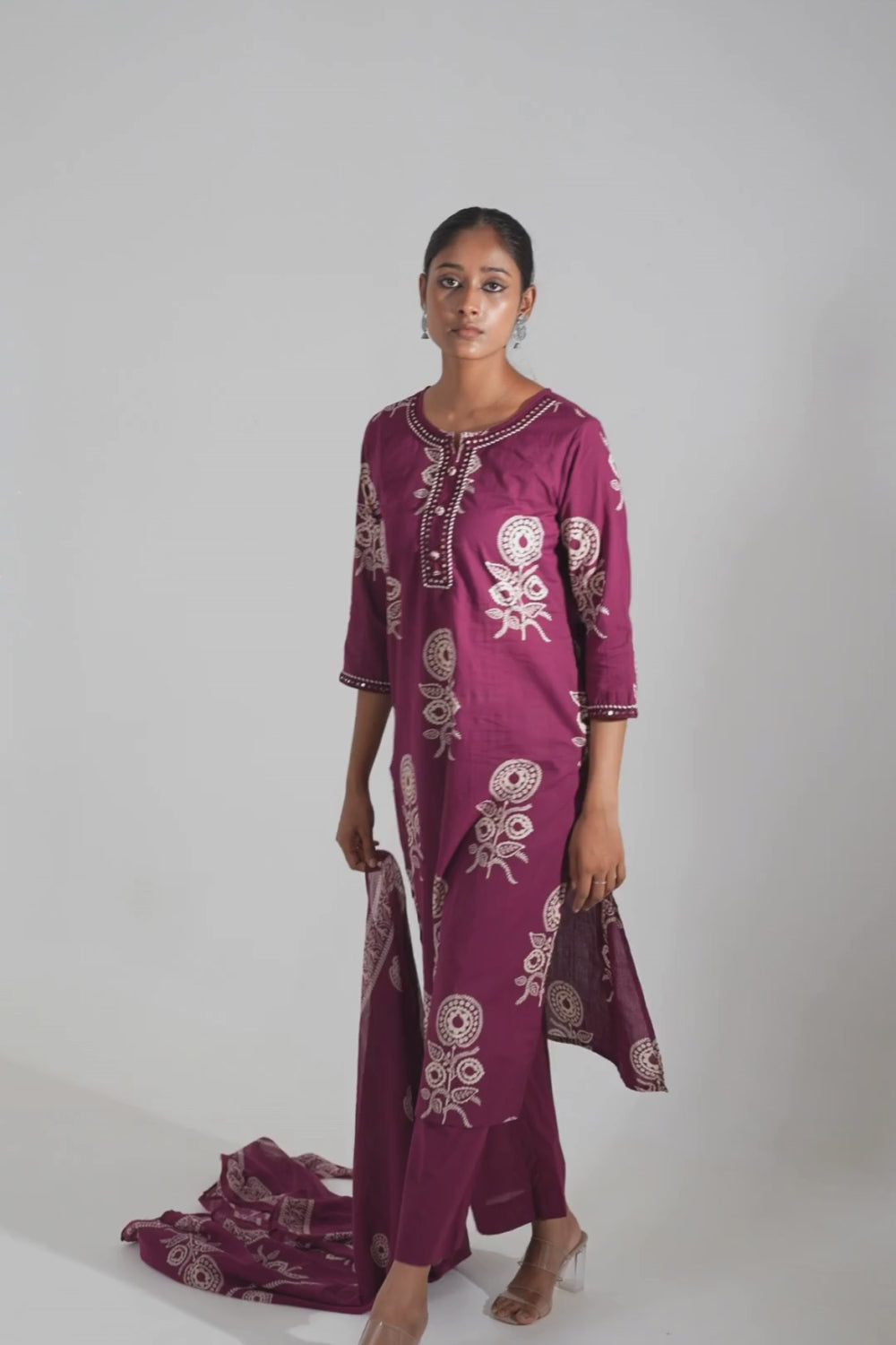 Purple Printed Cotton Suit Set with Lace Detailing