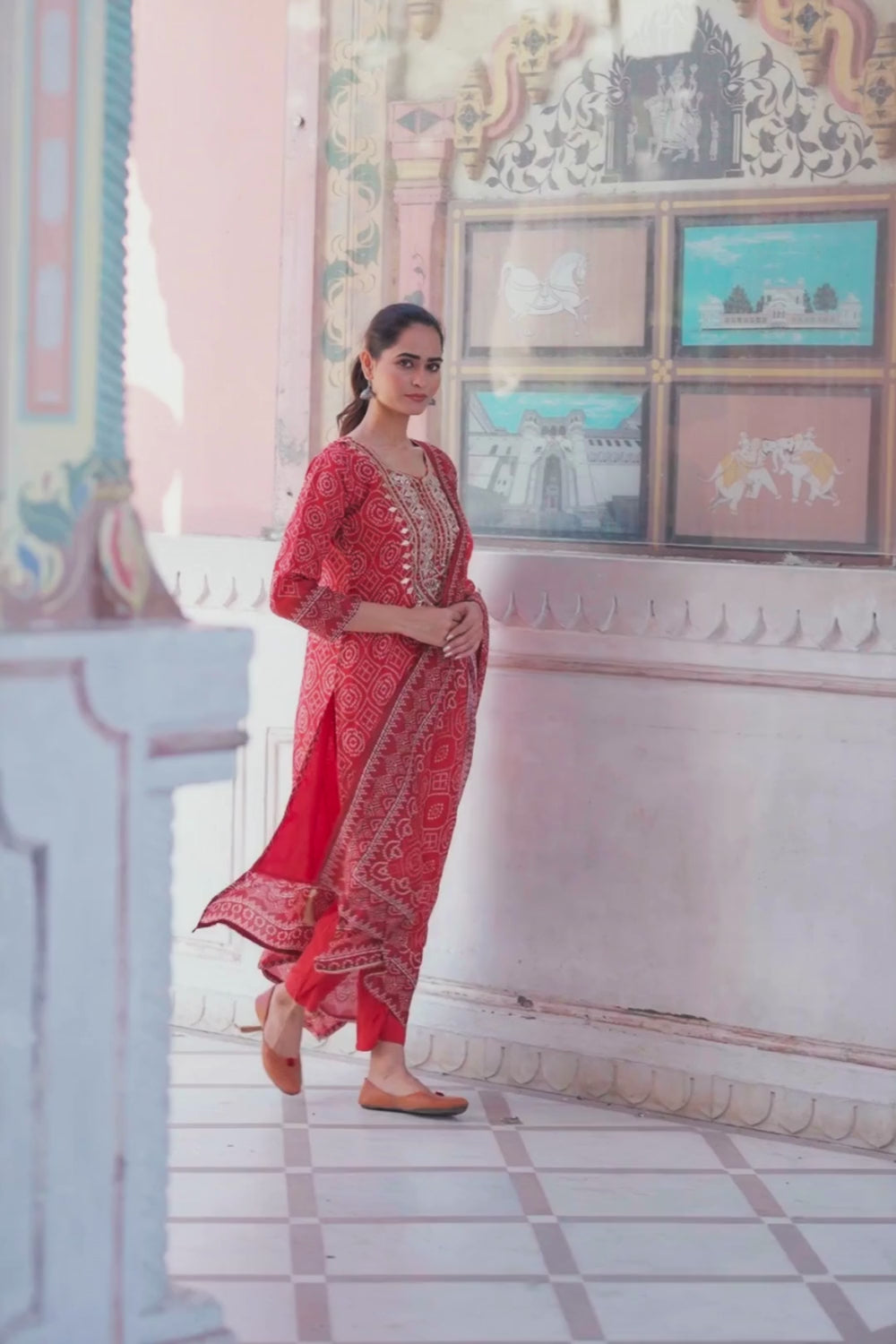 Maroon Silk Bandhej Print Suit with Gota Patti Work