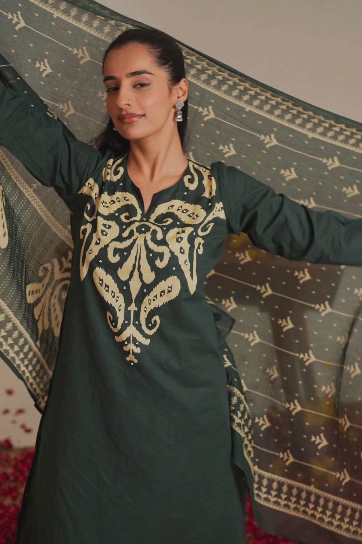 Bottle Green Ikat Printed Cotton Suit Set