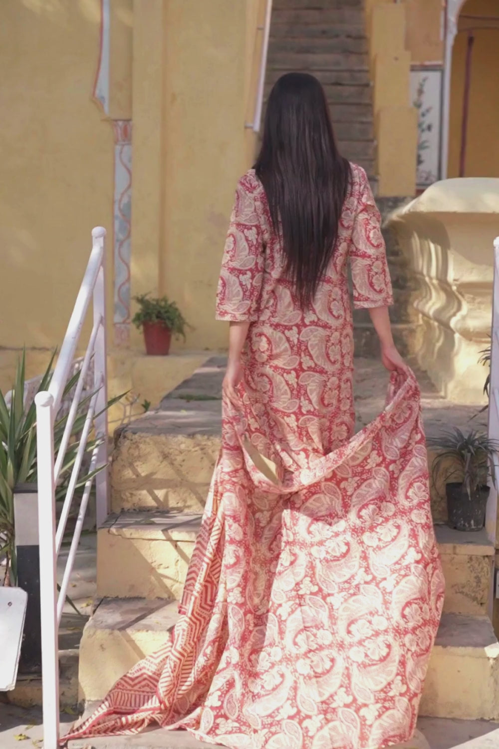 Rust Red Cotton Printed Suit with Embroidered Neckline