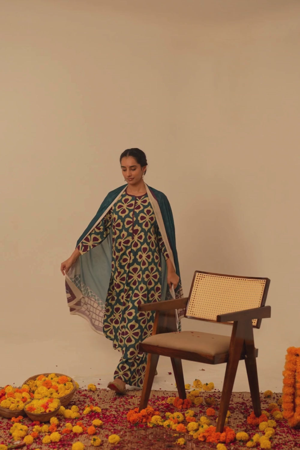 Bottle Green Geometric Printed Cotton Suit Set