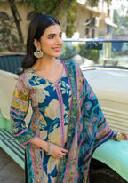 Blue Pure Crepe Suit with Printed Patterns & Organza Dupatta