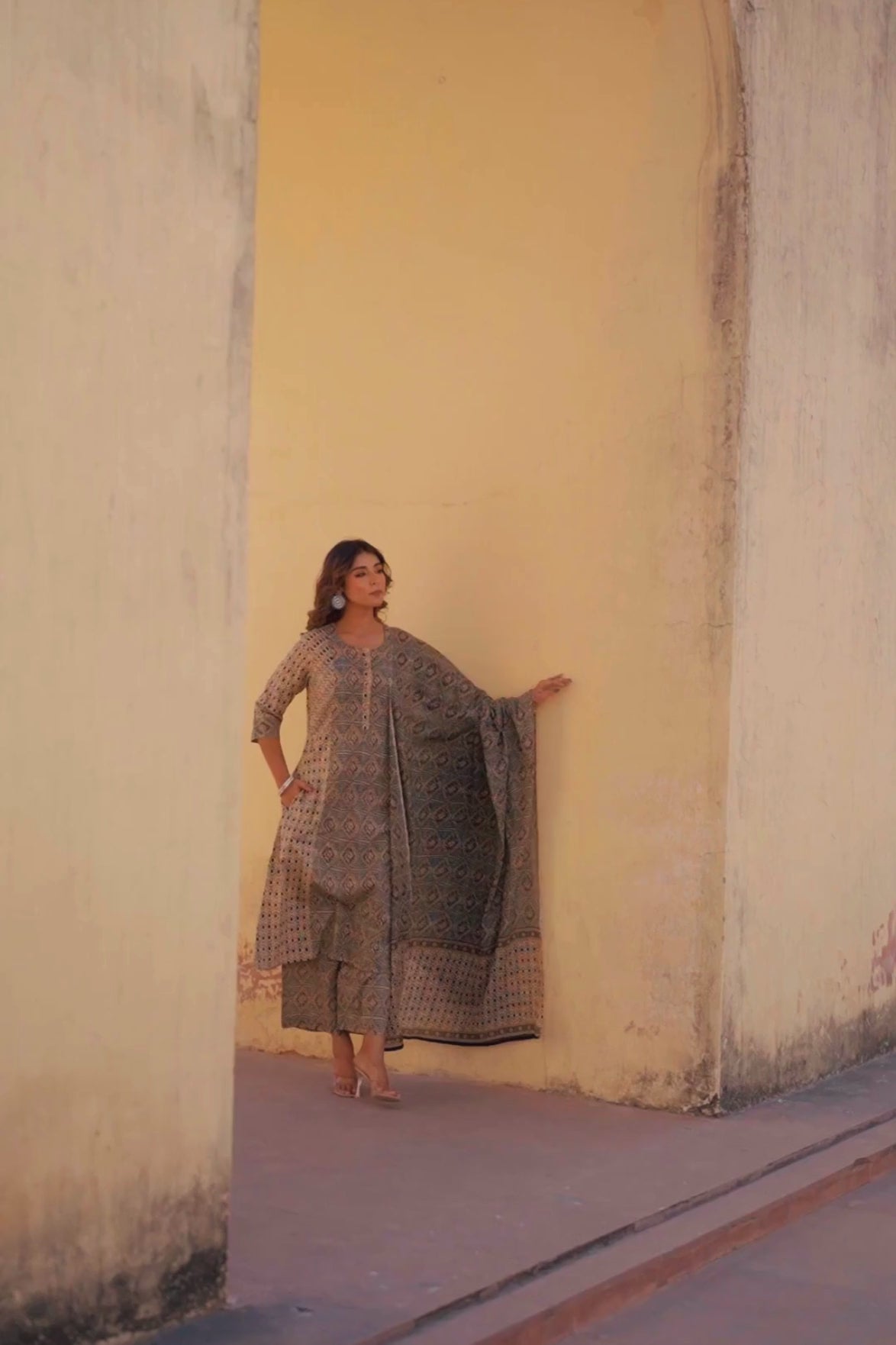 Mocha Block Printed A-Line Cotton Suit Set