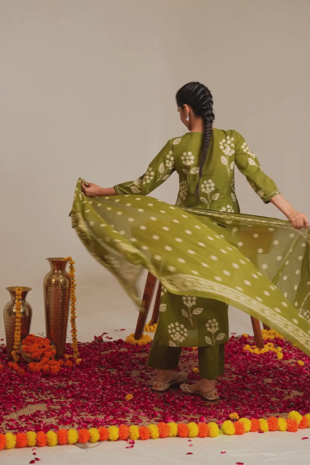 Green Floral Printed Cotton Suit Set