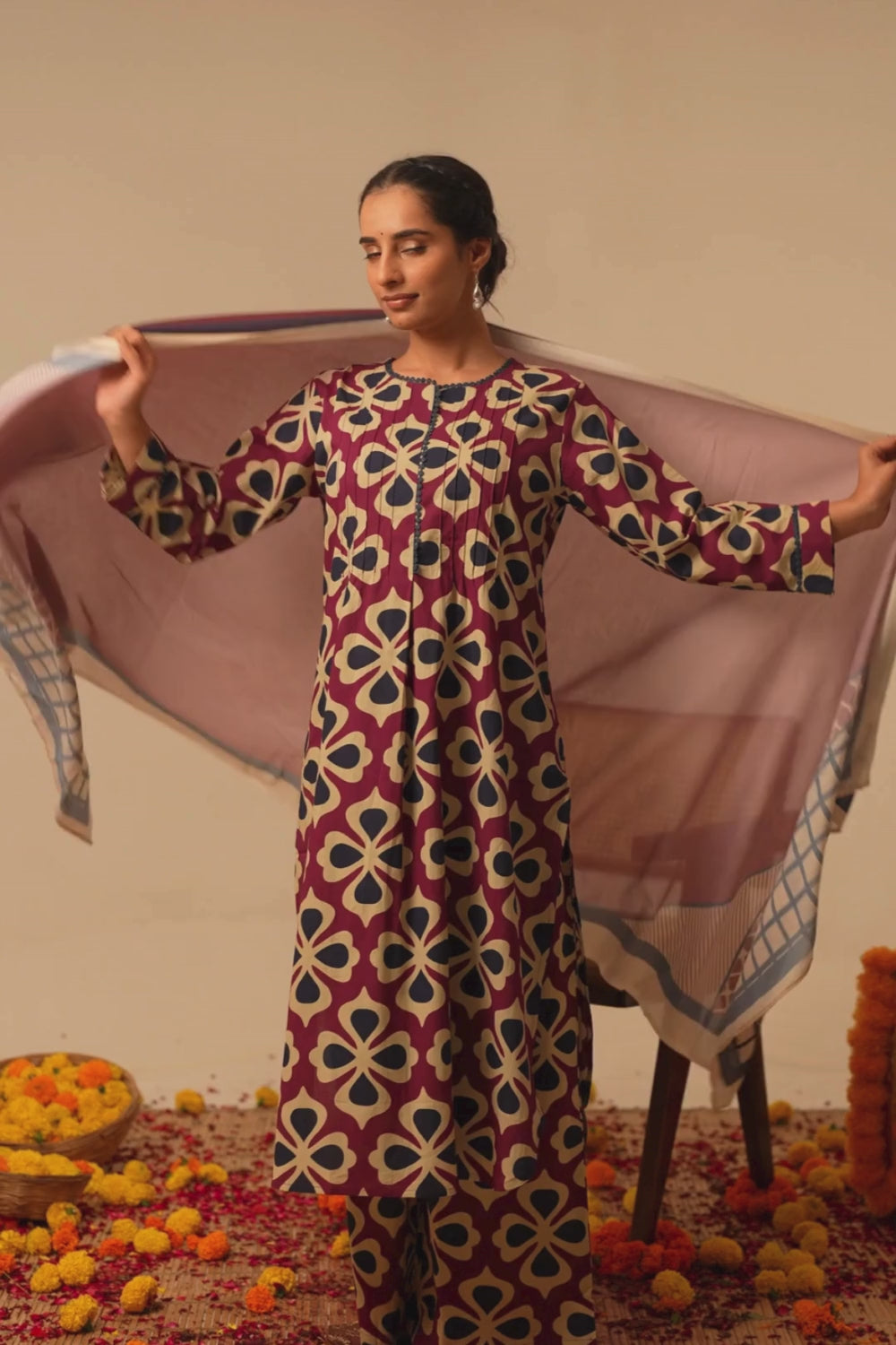 Maroon Geometric Printed Cotton Suit Set