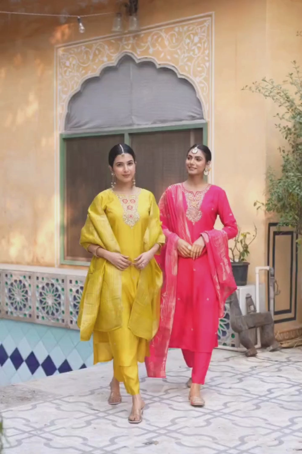 Pink Dola Silk Suit with Intricate Neck Work & Banarasi Floral Dupatta