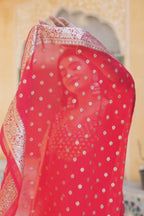 Red Silk Suit with Handwork Neckline & Banarasi Dupatta