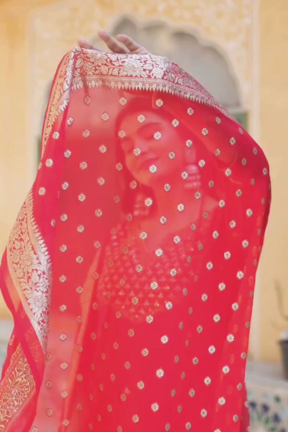 Red Silk Suit with Handwork Neckline & Banarasi Dupatta